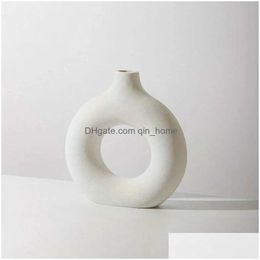 Vases 1pc Vase en céramique blanc / beige pour décoration de maison moderne Boho Circle Round Donut Vas Drop Liviling Garden Dhfyo