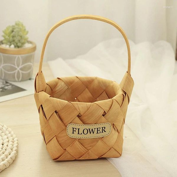 Jarrones 1pc Chip de madera Cesta tejida a mano Flores Cestas de mimbre Fruta decorativa Snack Pan Vegetal para organizar