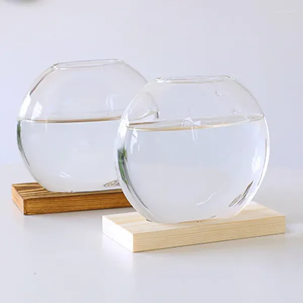 Vases 1pcs Fishbowl plat rond verre vase journal base bonsaï hydroponique plante verte bois stand bureau maison jardin bureau décoration