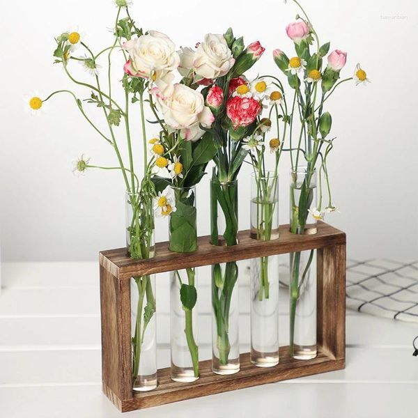 Vases 1set simple tube à essai nordique vase en verre décoration créative cadre en bois hydroponique plante conteneur maison
