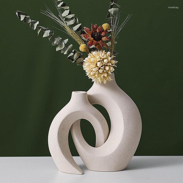 Vases 2 pc Style Nordique Vase En Céramique Beignets Creux Pot De Fleur Pour Bureau À Domicile Salon Intérieur Décoration De Bureau Accessoires