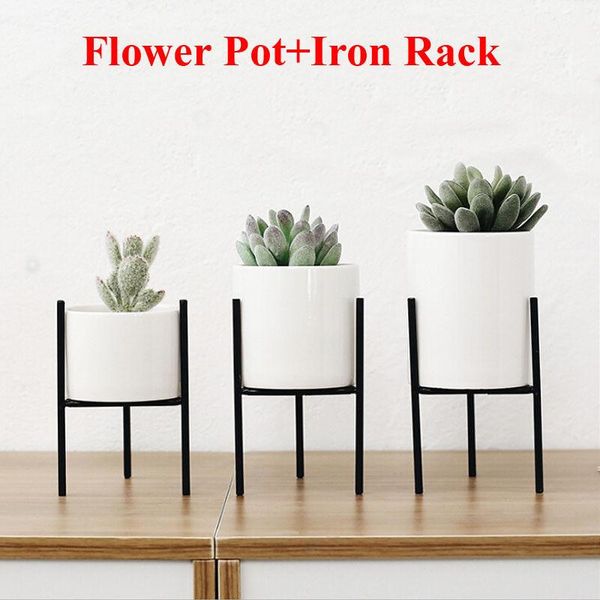 Vases 2PC / Set Ceramic Flower Plant Decor Stand Vase Metal Iron Rack Garden Home Pot Homeder