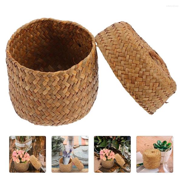Jarrones 2pcs Seagrass tejido cesta de almacenamiento con tapa caja de regalo contenedor hecho a mano