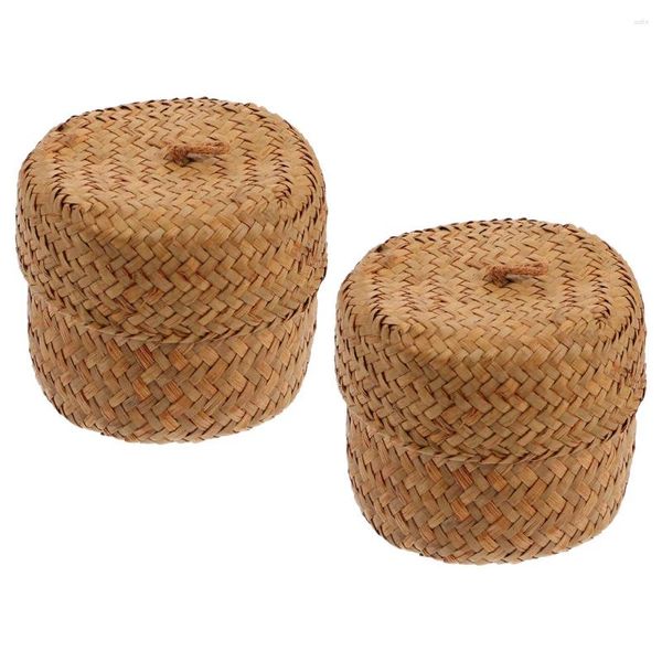 Vases 2pcs Boîte de rangement tissée avec couvercle Seagrass Main Cadeau Panier de fleurs Divers Conteneur