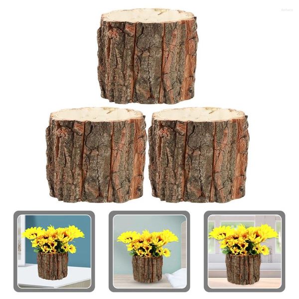 Jarrones 3 PCS Flor Cubo Contenedor Decoración del país Corteza Maceta Estilo Hogar de madera Sabor natural Rústico