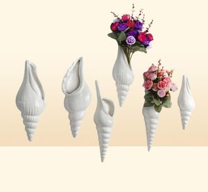 Vases 3 types modernes en céramique blanche coquille de mer conque fleur vase tenture murale décor à la maison salon fond décoré 9477293