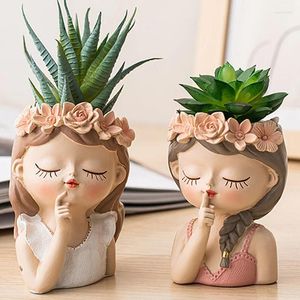 Vazen 4stijlen Close Eyes Girl vorm Bloempotten Noordse schattige plantenbakken Sucpletten Cactus Vaas Tafel Borstel Pen Decoratieve opslag