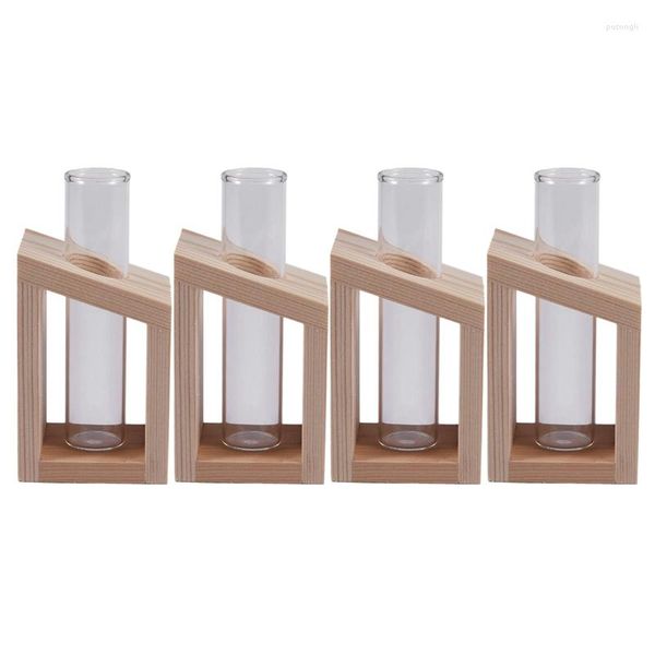 Vases 4X Vase Tube à Essai En Verre De Cristal Sur Support En Bois Pots De Fleurs Pour Plantes Hydroponiques Décoration De Jardin À La Maison