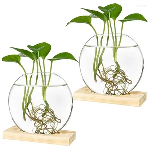 Vazen 4X Desktop Ronde Glazen Planter Terrarium Bloemenvaas Met Houten Standaard