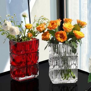 Vases 8 '' Modèle de diamant Vase en verre ornemental coupe rectangle porte-fleur maison art verrerie décor cadeau et artisanat ameublement