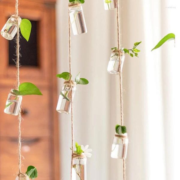 Vases 8 Mini Bouteille Suspendue Vase En Verre Cordes Cordes Creative Nordic Maison Jardin Cour Fleur Plante Hydroponique Conteneur Décoration