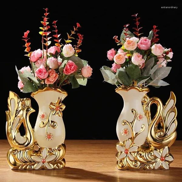 Jarrones Un par de jarrones de cerámica dorados, mesa de comedor, accesorios de decoración del hogar, amantes creativos de los cisnes