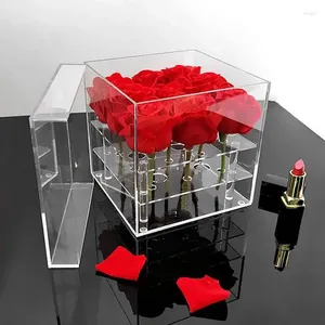 Vases Boîte à fleurs en acrylique 2 couches Clear Vase Vase Vase Floral Centre pour table avec des trous Long Square moderne