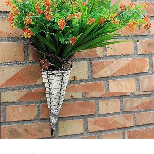 Jarrones AGN Mimbre natural Simulación Florero Ratán Colgante de pared Hierro forjado Cesta de flores Decorateive Floral Triangle