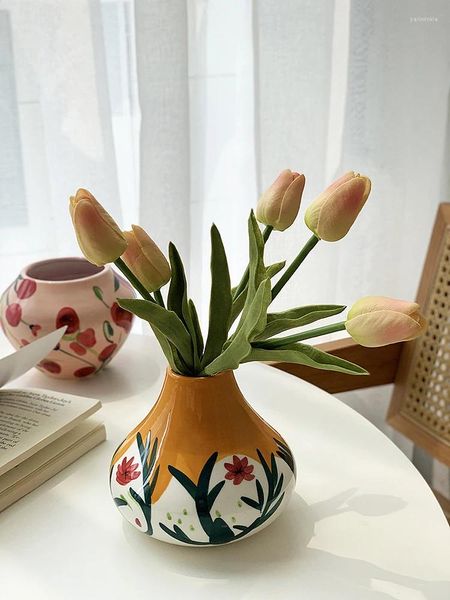 Jarrones Arte americano Flor pintada a mano Adornos de cerámica Arreglo Flores decorativas para el hogar