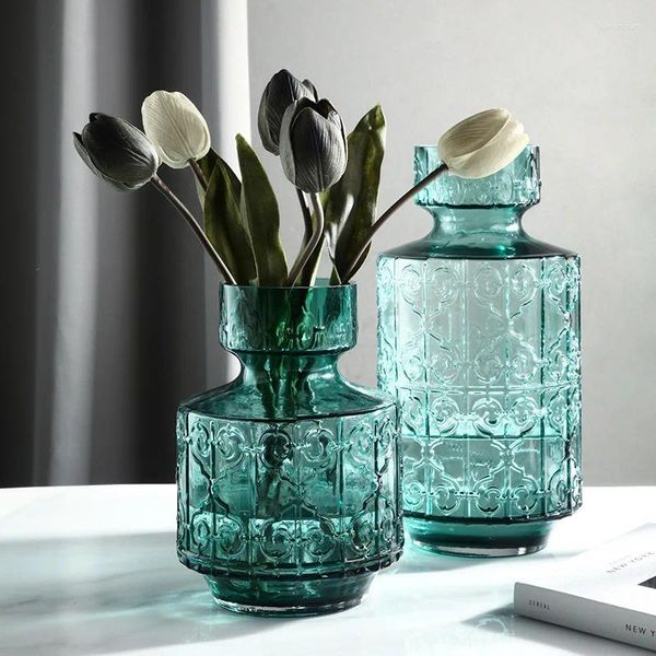 Vases American Retro Vase en verre gaufré Décoration Arrangement de fleurs dans un conteneur de pot hydroponique bleu transparent