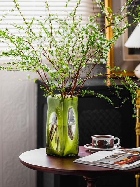 Jarrones Jarrón de cristal verde oliva antiguo B Retro Sala de estar Escritorio Arreglo floral Decoraciones
