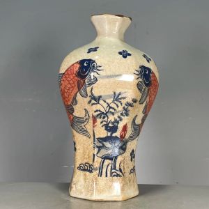 Vases Collection de porcelaine antique Dynastie Qing Tianzhi Dynastie Qing vase à motif de poisson rouge et d'algues émaillé bouteille ornementale