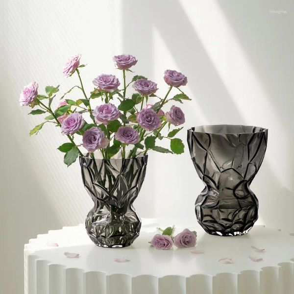 Jarrones Art Nordic High-End Light Vase Valley Textura Tecoración de cenizas transparentes Decoración de flores hidropónicas de la boca ancha