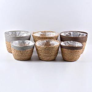 Vases bambou paniers de rangement paille Patchwork à la main blanchisserie osier rotin jonc de mer ventre jardin fleur cuisine panier