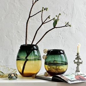 Vases Bixuan Couleur mélangée Vert Jaune Vase à fleurs en verre soufflé à la main Plié Jante Décor Pot Forme Table Centres de table 20.5x23cm