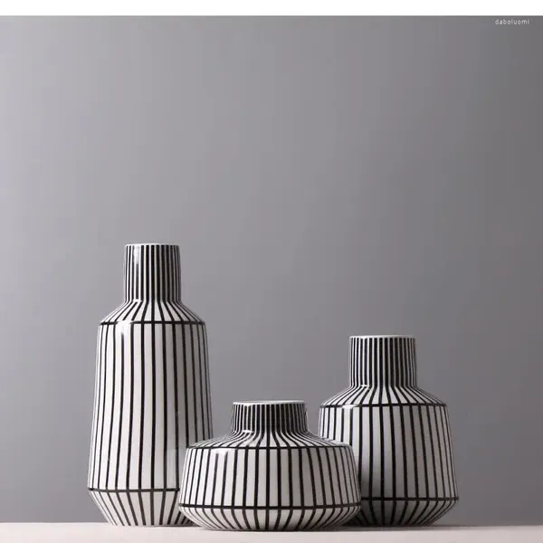 Vases Black blanc rayé Vase en céramique accessoires de fleurs séchées modernes salon décoration intérieure art ligne géométrique