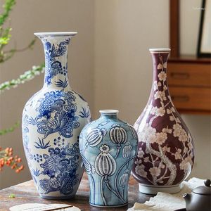 Vases Vase en céramique bleu et blanc, décoration de la maison, salon, table basse, arrangement de fleurs, conteneurs, ornements, cadeau de pendaison de crémaillère chinois