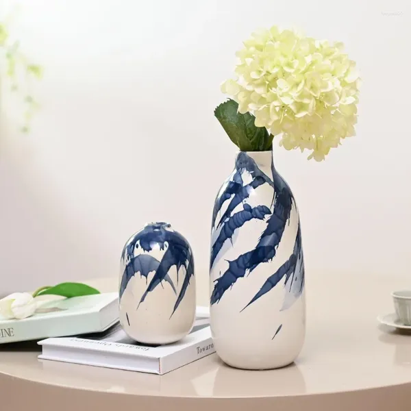 Vases Vase bleu ensemble de 2 grandes fleurs en céramique marine et blanche pour la décoration intérieure 10.2 