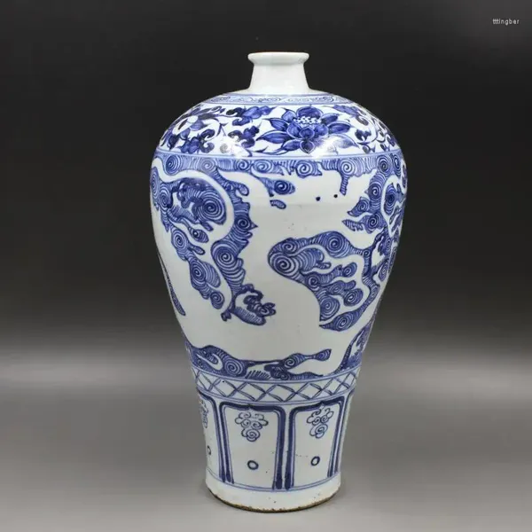 Vases Bleu Blanc Chinois Antique Porcelaine Vase Yuan Gravé Dragon Col Étroit