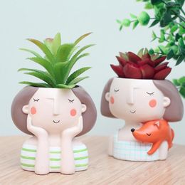 Vases Bonsai Ornement Décor De Bureau Mignon Dessin Animé Fille Plante Succulente Résine Pot De Fleur