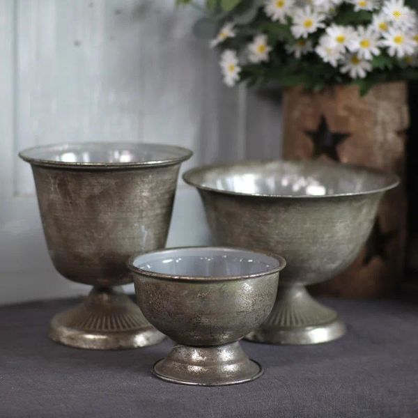 Vases Bowl Forme Simple rétro et vieil art de fer argent gobelet fleur plantation métallique de fleur de vase en pot à la maison décoration intérieure
