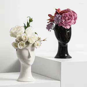 Vases en céramique créatif arrangement de fleurs de tête poreuse figurines de décoration de visage humain vase de salon à la maison accessoires de bureau