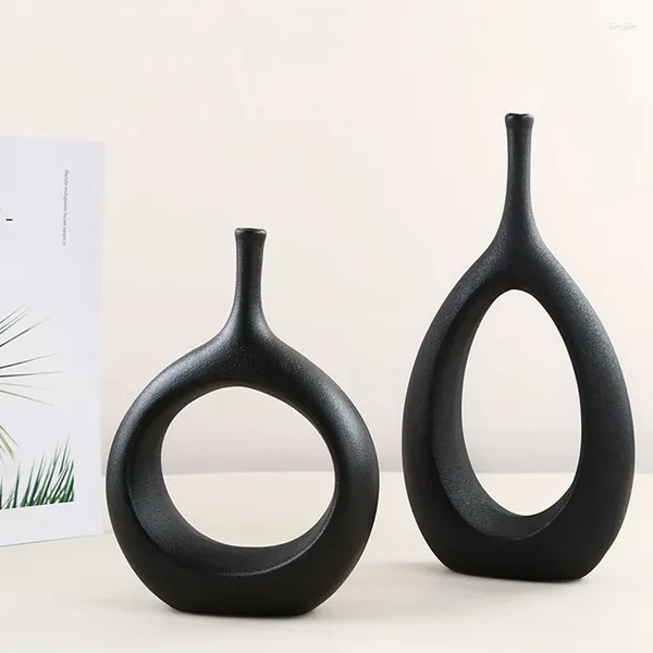 Vases Ensemble de fleurs en céramique de 2 vases décoratifs modernes faits à la main pour pièce maîtresse de bureau à domicile ou comme cadeau (noir)
