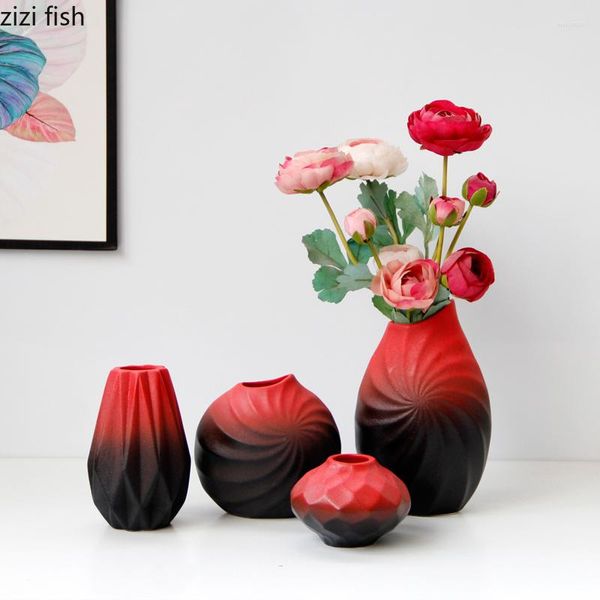 Jarrones Florero De Cerámica Contenedor De Arreglo Rojo Y Negro Color Degradado Adornos De Decoración Hidropónica Esmerilada