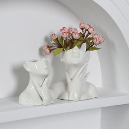 Vases en céramique visage humain Vase décoratif artisanat fleurs artificielles stockage bureau ornement décor à la maison pour salon