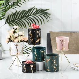 Vases Céramique Marble Gold Succulentes Pot de fleur avec support de maquillage en fer Étui au crayon artificiel Vase Hydroponic Plantes Conteneur