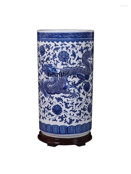 Vases en céramique peinture et calligraphie cylindre défilement bleu blanc porcelaine grand support de vase décoration d'étude