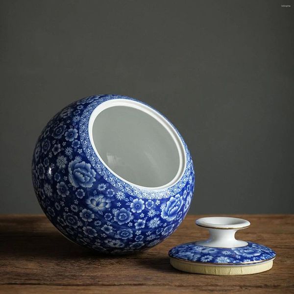 Jarrones frasco de té de cerámica con tapa azul de adornos de porcelana blanca azul para decoración de almacenamiento