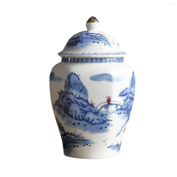 Jarrones, tarro de té de cerámica con tapa, regalo de porcelana azul y blanca para decoración del hogar de escritorio