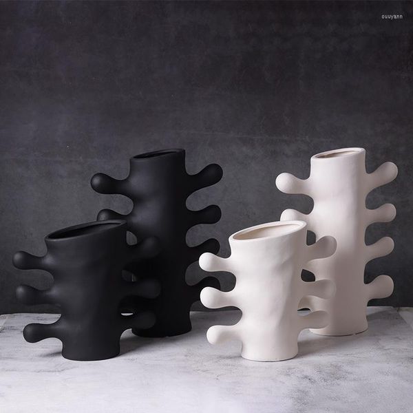 Vases Vase en céramique Art abstrait Arrangement de fleurs Poignée blanche Forme de corail Noir et pot Décoration de la maison