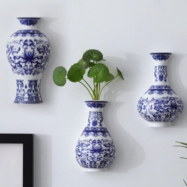 Vases Vase en céramique, récipient à fleurs en porcelaine bleue et blanche antique, bambou porte-bonheur, décoration de salon et de maison, tenture murale