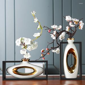 Vases en céramique Vase cadre évider rétro chinois doré fleur artisanat ameublement en bois décoration de la maison accessoires