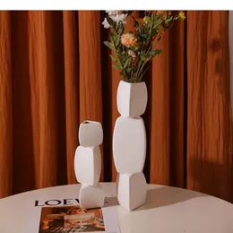 Vases Vase en céramique géométrie arrangement de fleurs moderne décoration de la maison accessoires artisanat ameublement simulation pierre