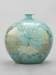 Vazen keramische vaasmeester handgeschilderde celadon glazuur goud schilderen Chinees ornament