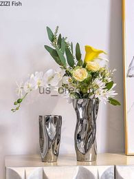 Vases Vase En Céramique Argent Fleur Vase Miroir Surface Déformé Abstrait Arrangement De Fleurs Bouteille En Céramique Décoration De La Maison Ornements x0630