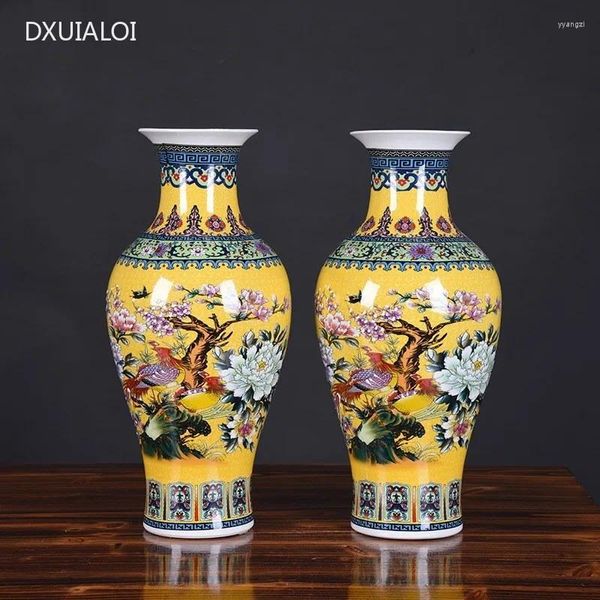 Vases en céramique Vase jaune Fleur et émail à oiseaux Guanyin Bouteille antique Style chinois Accessoires de décoration de maison 1pcs