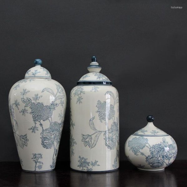 Jarrones de cerámica, jarrón con adorno floral de porcelana azul y blanca antigua, decoraciones para el salón de estilo chino Zen, estante de curiosidades