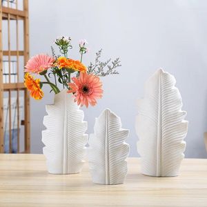 Vases en céramique, accessoires de décoration, modèle de feuilles, maison moderne, fleur, salon, blanc