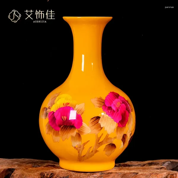 Vases en céramique jaune paille, Arrangement de fleurs séchées, décoration de salon, Style chinois, couloir, armoire à vin décorative