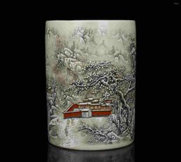 Vases China Old Collectible Painting à la main Potte de brosse en porcelaine de paysage enneigée en neige